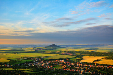 Fototapeta premium Summer Landscape of Czech Town and Surrounding Farmland from Above