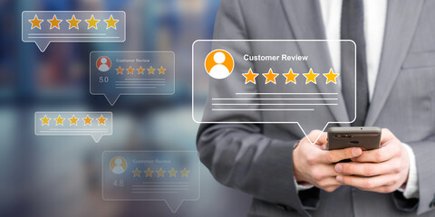 Customer Reviews Online: Businessman Checking Feedback on Phone with Star Ratings. Positive Client Testimonials and Satisfaction Concept.