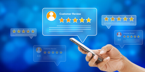 Customer Feedback on Mobile Phone with Star Ratings: Online Reviews, Testimonials, and Positive User Experience for Business Growth and Reputation