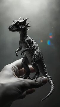 Intricate toy creature with a distinctive eye and spiky back stands on a palm in a moody light.