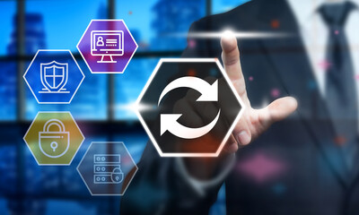Data Security Management: Businessman Activating Cyber Protection System with Touchscreen Interface. Network Security, Data Backup and Recovery Concept