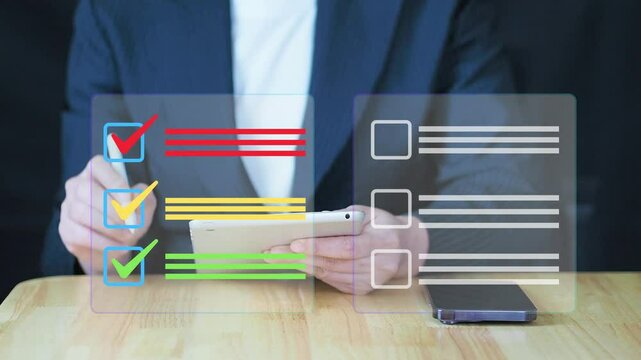 businessperson uses a digital pen to review and approve documents online, representing electronic document verification, digital signatures, and smart business processes.4k vdo