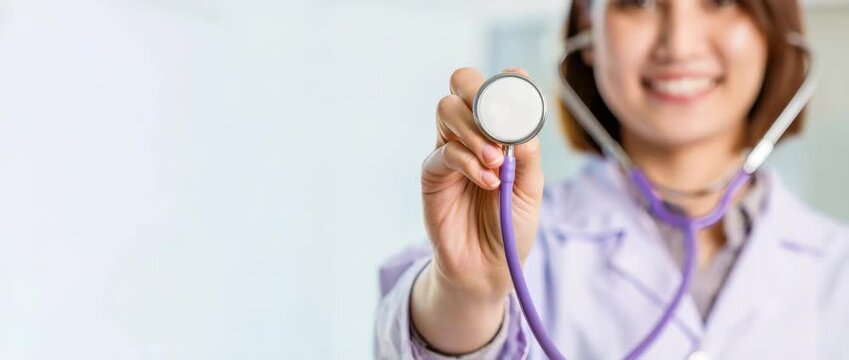Doctor holding stethoscope, smiling female medical professional, healthcare banner with white background, hospital health checkup concept, clinic patient care, wellness examination advertisement