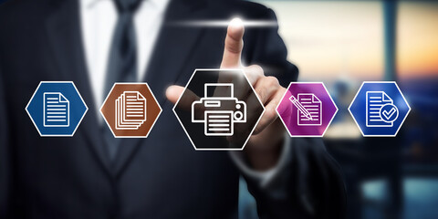 Businessman using touch screen interface with document management icons. Digital workflow automation and online documentation concept.