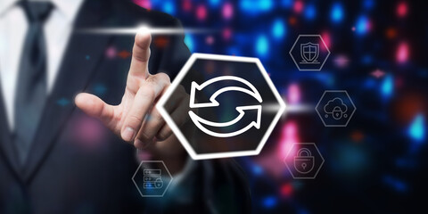 Data Synchronization Concept: Businessman Touching Virtual Screen with Arrow Icons. Cloud Computing, Data Security and Backup Solutions