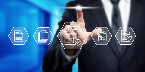 Digital Invoice Management: Businessman Interacting with Virtual Documents and Financial Data for Efficient Business Processes and Automation