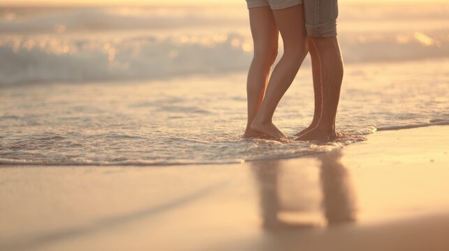 The couple enjoying a romantic moment on the beach during sunset. - Powered by Adobe