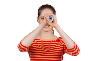 Girl looks in a folded magazine - spyglass.