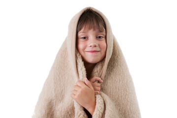 Girl is basking under a woolen blanket.