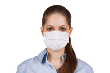Long-haired woman in protective medical mask.