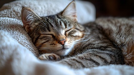 Senior Cat Sleeping on Vintage Blanket