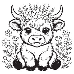 Cute Baby Highland Cow with Flower Crown – Black and White Line Art for Coloring Book