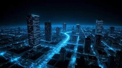 Aerial view of a futuristic cityscape at night with glowing blue lines and tall skyscrapers visible - Powered by Adobe