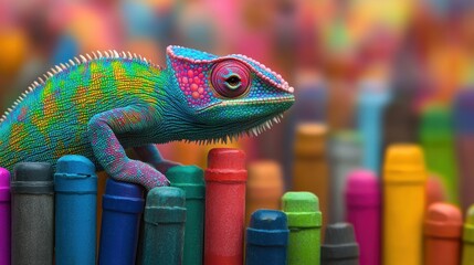 Vibrant chameleon on colorful crayons (1)