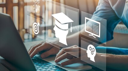 Person using laptop with educational icons and holographic interface for online learning