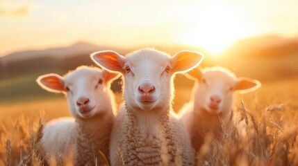Obraz premium Three curious sheep stand together in a sunlit field, their inquisitive expressions reflecting the simplicity and beauty of farm life, while the warm sunlight illuminates their woolly coats, emphasiz