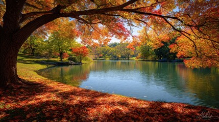 The tranquil lake surrounded by vibrant autumn foliage and colorful trees.