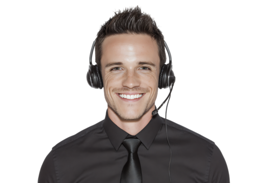 Happy male customer service representative wearing headset
