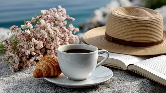 Enjoying a peaceful morning at the seaside with coffee, a croissant, and a good book surrounded by flowers and sunshine