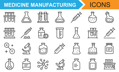 Icons of Syringes, Test Tubes, and Vials for Medicine Manufacturing
