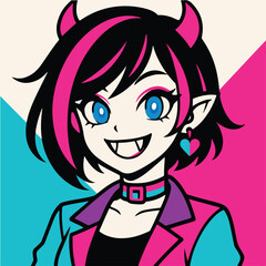Cartoon Vampire Girl with Horns and Fang Smiling