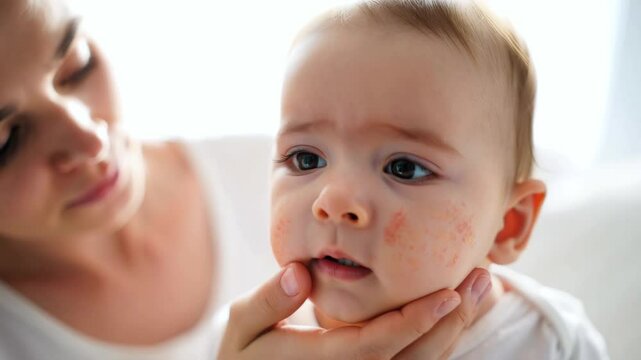 Baby with atopic dermatitis rash on face examined by mother, pediatric eczema symptoms, infant skin allergy condition, dermatological health care, allergic reaction, child skincare problem