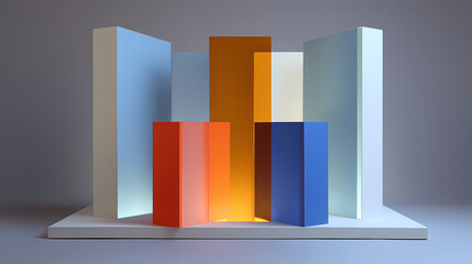 visual campaign for spatial navigation device | repetitive stability | spatial calm | ultra-matte primaries | vertical gradient framing | floating prisms | interlocked block casting | modular