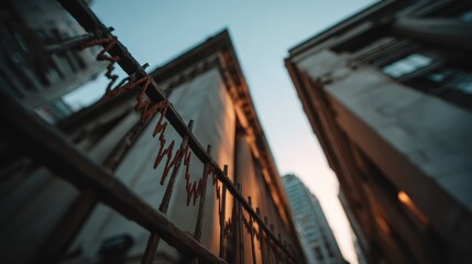 Obraz premium A low-angle view of a rusty wrought iron fence juxtaposed against a backdrop of urban architecture, capturing the gritty beauty of city living during dusk. This image reflects themes of resilience an