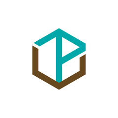 A brown hexagonal outline with a teal stylized letter 