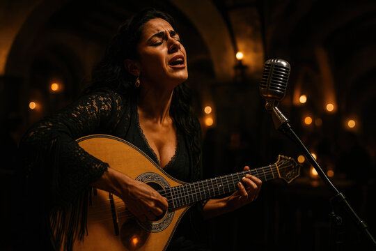 Fado Singer Performing Soulful Melodies in a Traditional Portuguese Fado House, Accompanied by the Iconic Sound of the Portuguese Guitar.	
