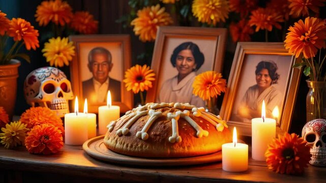Traditional Day of the Dead ofrenda with candles, pan de muerto bread, marigold flowers, sugar skulls, framed family photos, Mexican altar for honoring deceased loved ones, spiritual ritual