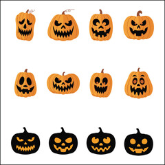 Variety of Halloween Pumpkins with Different Expressions and Silhouettes on White Background
