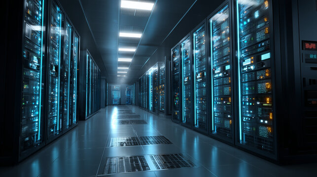 Secure Server Room with Blue LED Network Equipment