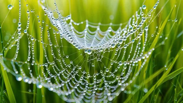 Spider web with morning dew drops on grass, natural beauty, delicate structure, freshness concept, nature detail, outdoor macro scene, fragile pattern, environmental purity, tranquil moment, green bac