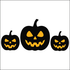 Three Black Halloween Pumpkins with Orange Faces on a White Background