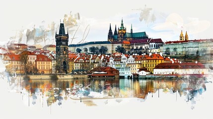 Fototapeta premium European city watercolor view