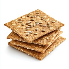 Stack of whole grain crackers with seeds isolated on white background