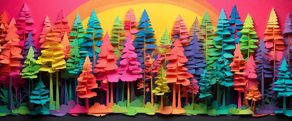 Colorful Sunrise Through a Vibrant Forest of Paper Trees