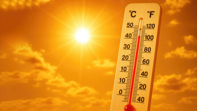 Bright Sun With Thermometer Showing High Temperature clouds heat