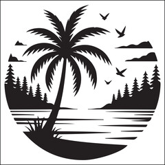 Tropical Island Silhouette with Palm Trees Water Birds and Forest
