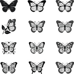 Collection of Nine Black and White Butterfly Illustrations with Different Wing Patterns