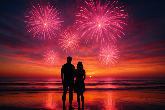 Couple silhouetted watching vibrant pink fireworks explode over a fiery sunset beach