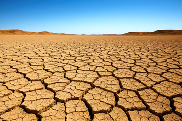 Cracked earth under a clear blue sky with distant sand dunes arid desert