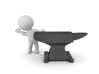 3D Character waving from behind a black anvil