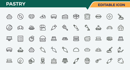 Pastry icon pack. Bakery related icon set. Includes thin line symbols cake, cookie, dessert, food, bake and more. Pixel perfect. Editable vector.