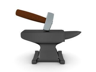 3D Rendering of a hammer hitting a black anvil
