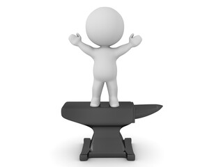 3D Character standing on a black anvil