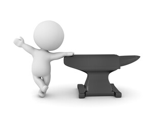  3D Character waving and leaning on a black anvil