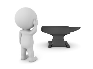 Curious 3D Character looking at a black anvil