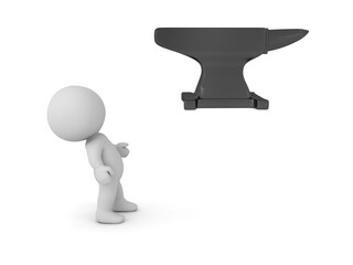 3D Character looking at a falling black anvil